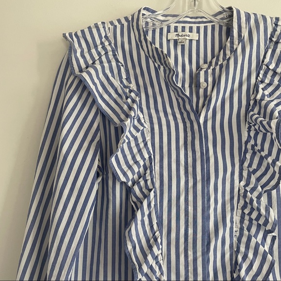 MADEWELL STRIPED RUFFLE FRONT BLOUSE BLUE WHITE - Picture 4 of 13